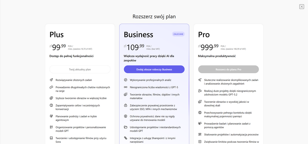 Cennik ChatGPT 2026 – porównanie planów Plus, Business i Pro z cenami w złotówkach