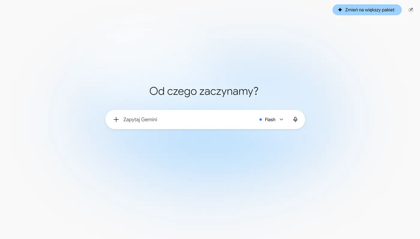 Google Gemini – ekran główny aplikacji z polem „Zapytaj Gemini” i wybranym modelem Flash