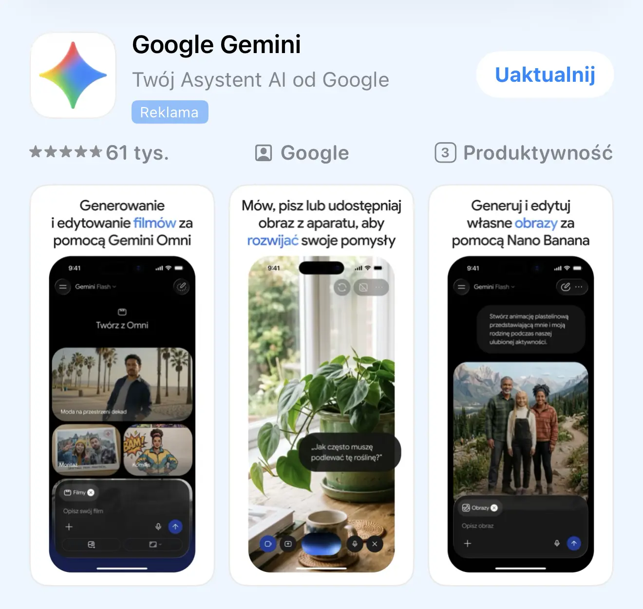 Google Gemini na iPhone – aplikacja AI Google. Źródło: Google / App Store, screenshot.