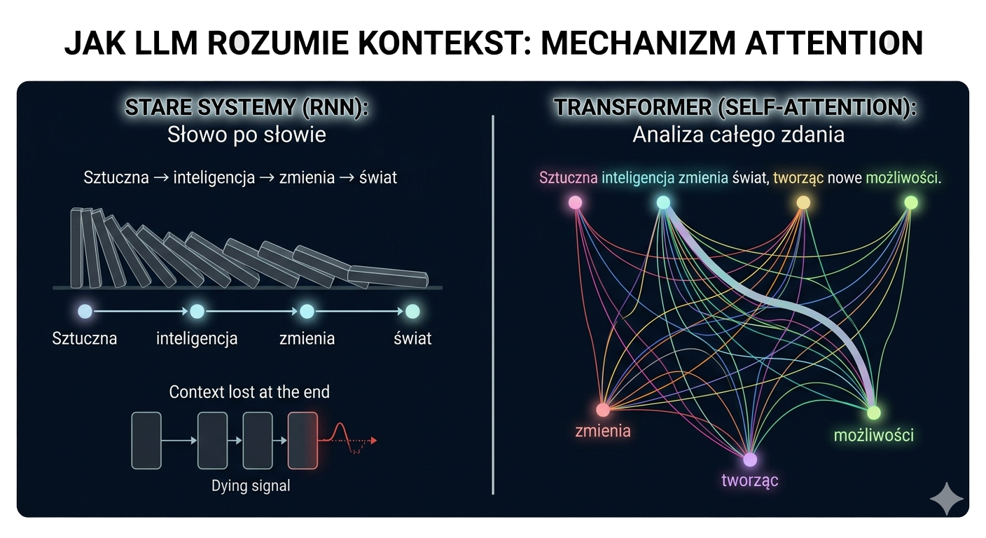 Porównanie działania sieci RNN i architektury Transformer - mechanizm Self-Attention w modelach językowych LLM