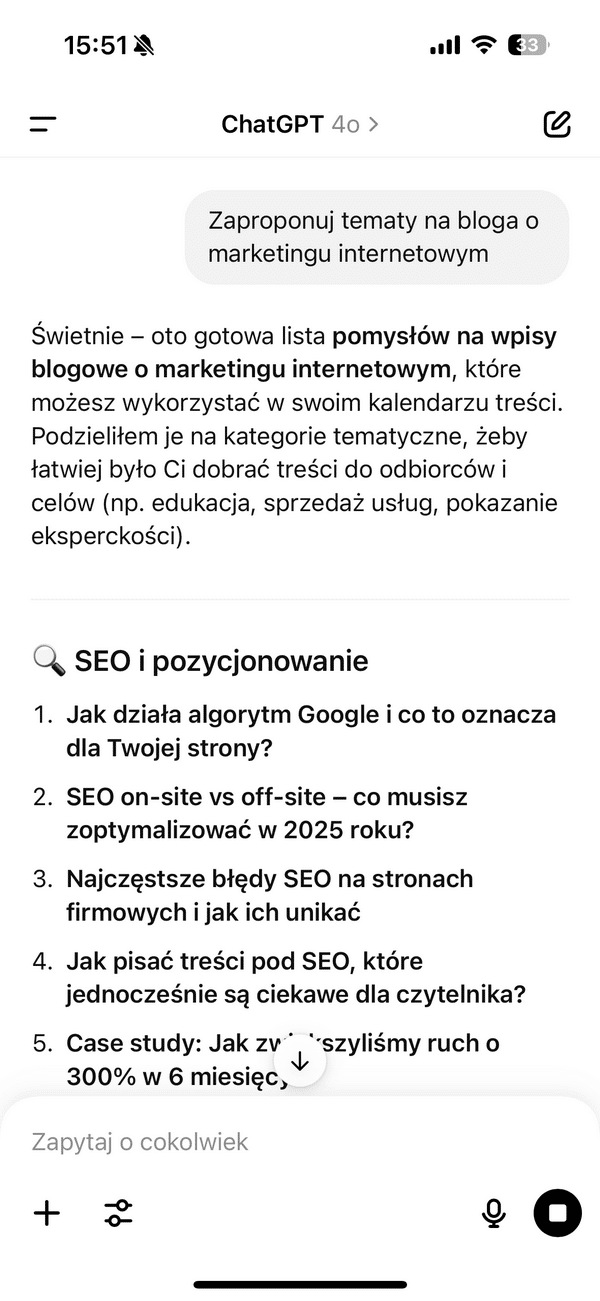 Przykład - Prompt ChatGPT - pytanie - odpowiedź - tematy na bloga o marketingu internetowym