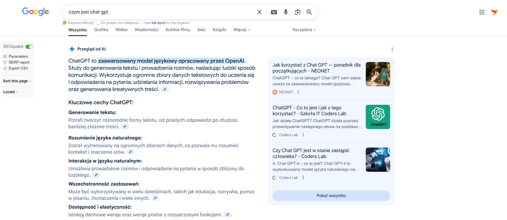 Przykład - odpowiedź na pytanie - czym jest ChatGPT w Google AI