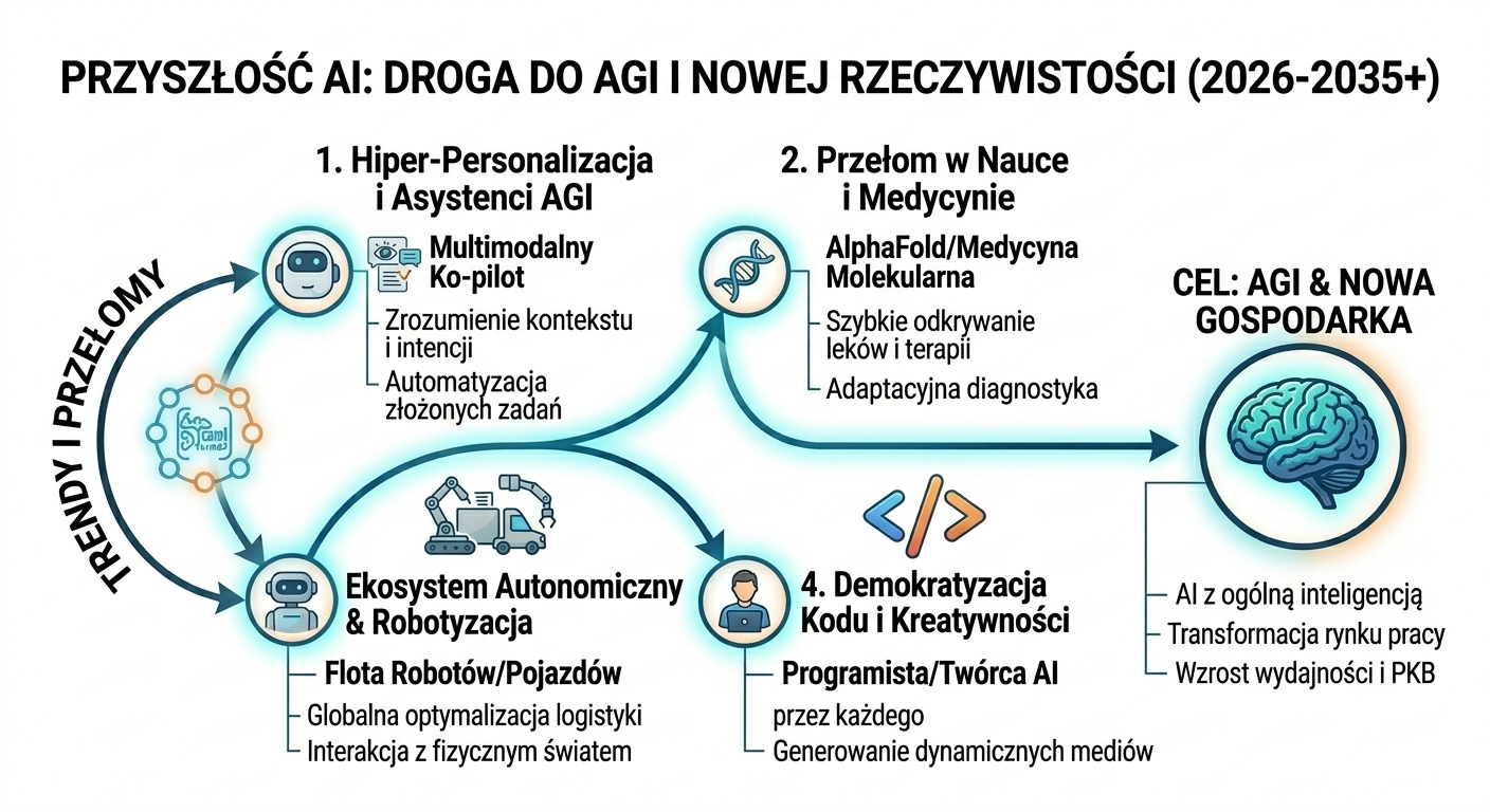 Przyszłość sztucznej inteligencji 2026-2035+: infografika przedstawiająca drogę do AGI, multimodalnych ko-pilotów, przełomów w medycynie (AlphaFold) i robotyzacji przemysłu.