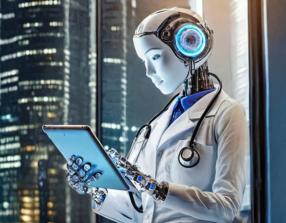 Robot-lekarz używający tabletu. Technologia i sztuczna inteligencja w medycynie