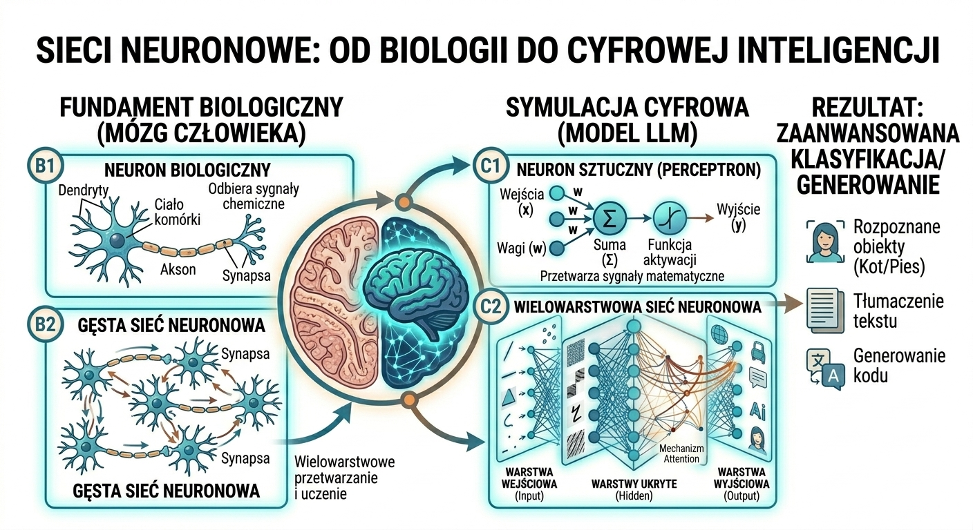 Sieci neuronowe jako fundament, na którym opiera się współczesna sztuczna inteligencja (AI): porównanie neuronu biologicznego z cyfrowym modelem matematycznym