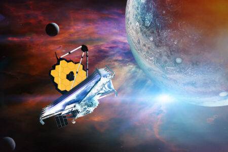 Teleskop Jamesa Webba – jak zmienia naszą wiedzę o kosmosie? Teleskop Jamesa Webba bada przestrzeń kosmiczną. Grafika startu JWST. Elementy tego obrazu dostarczone przez NASA