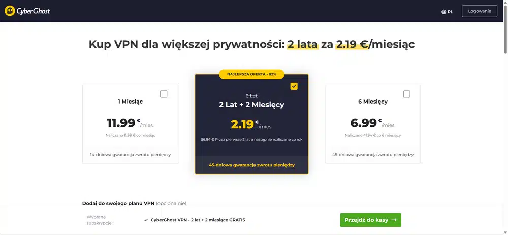 CyberGhost VPN - cennik 2025