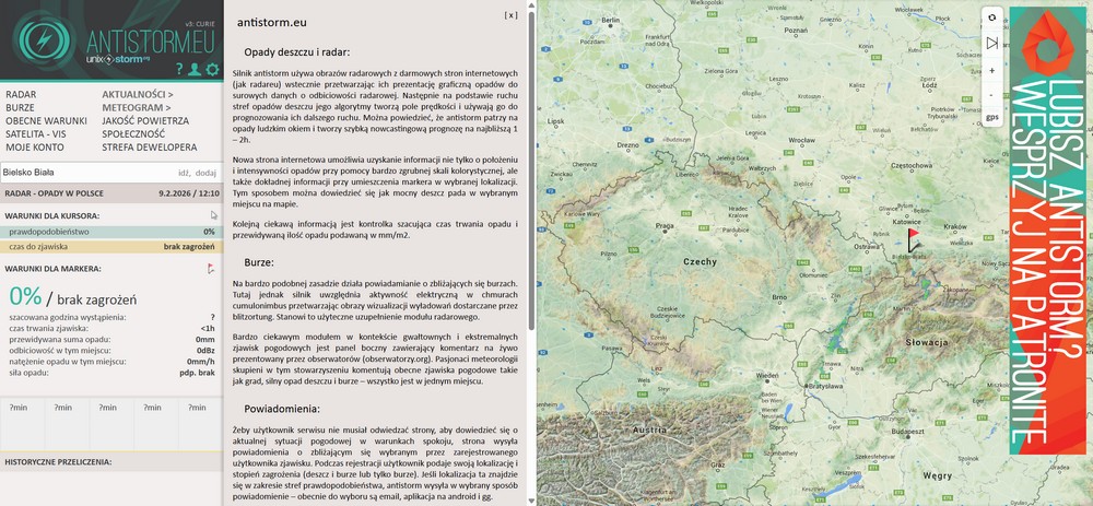 Antistorm – radar burz i opadów pokazujący aktualną sytuację pogodową