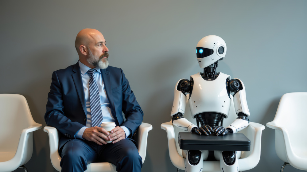 Biznesmen i humanoidalny robot siedzą razem w nowoczesnym środowisku biurowym, prezentując połączenie technologii i interakcji międzyludzkich