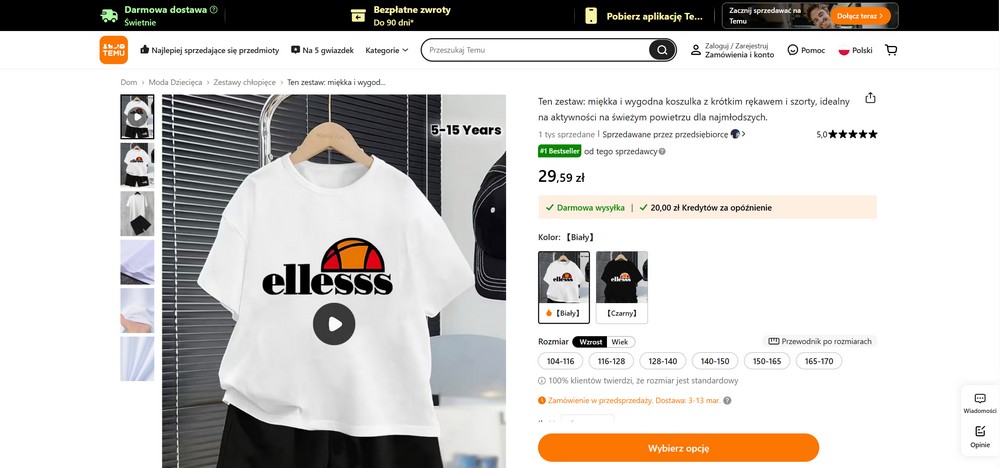 Koszulka z logo przypominającym znaną markę na Temu – przykład potencjalnej podróbki w ofercie marketplace