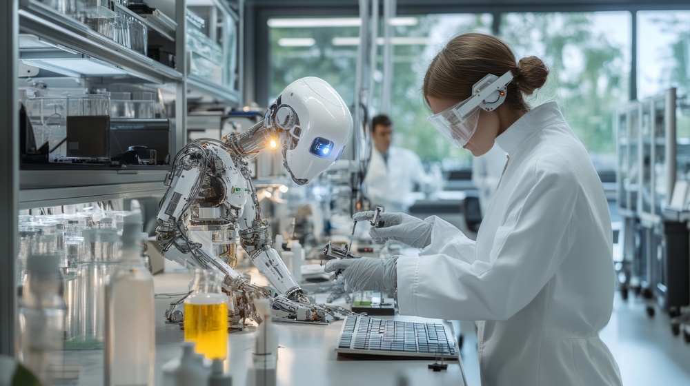 nowoczesne laboratorium badawcze, roboty humanoidalne współpracują z naukowcami