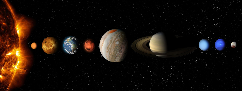 Planeta Układu Słonecznego, kometa, słońce i gwiazda. Słońce, Merkury, Wenus, planeta Ziemia, Mars, Jowisz, Saturn, Uran, Neptun. Tło naukowe i edukacyjne. Elementy tego obrazu dostarczone przez NASA