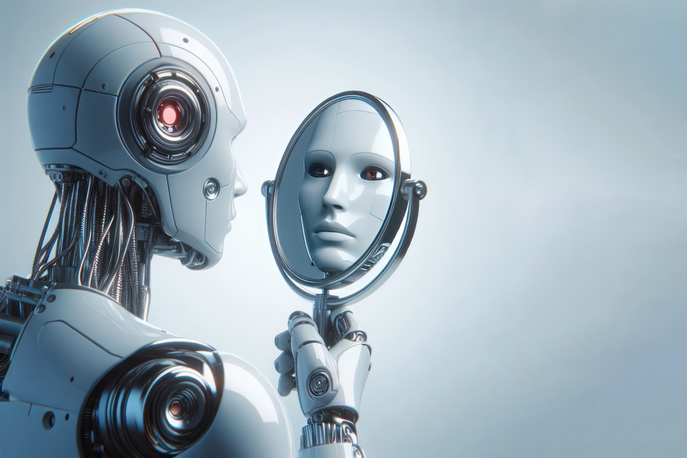 Robot humanoidalny patrzący w małe lustro – czy sztuczna inteligencja (AI) może mieć świadomość i rozpoznawać siebie