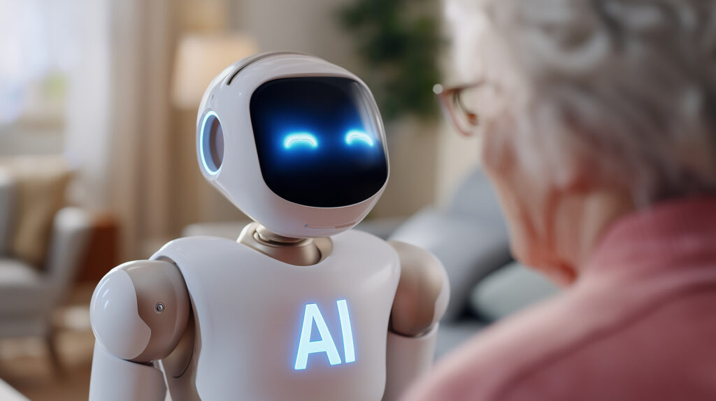 Roboty opiekuńcze dla seniorów – jak Japonia buduje system opieki przyszłości (2026) Roboty opiekuńcze dla seniorów w Japonii – humanoidalny robot wspierający starszą osobę w domu opieki podczas codziennych czynności