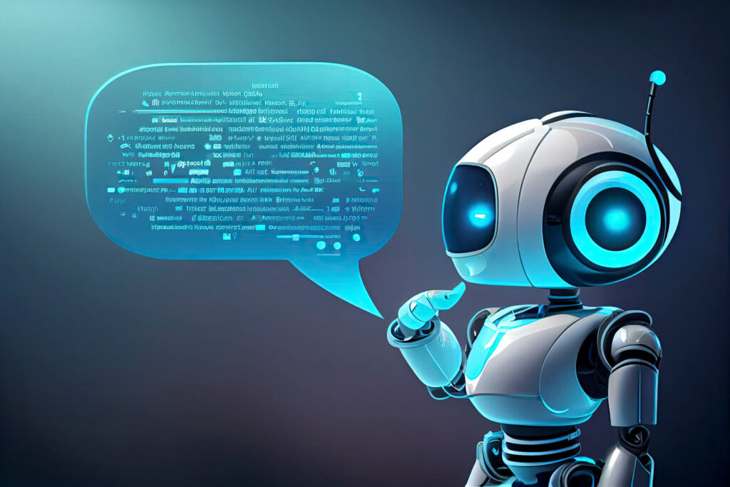 Rozmowa z chatem GPT – futurystyczny robot prowadzący dialog w cyfrowej chmurze danych, symbol interakcji człowieka ze sztuczną inteligencją