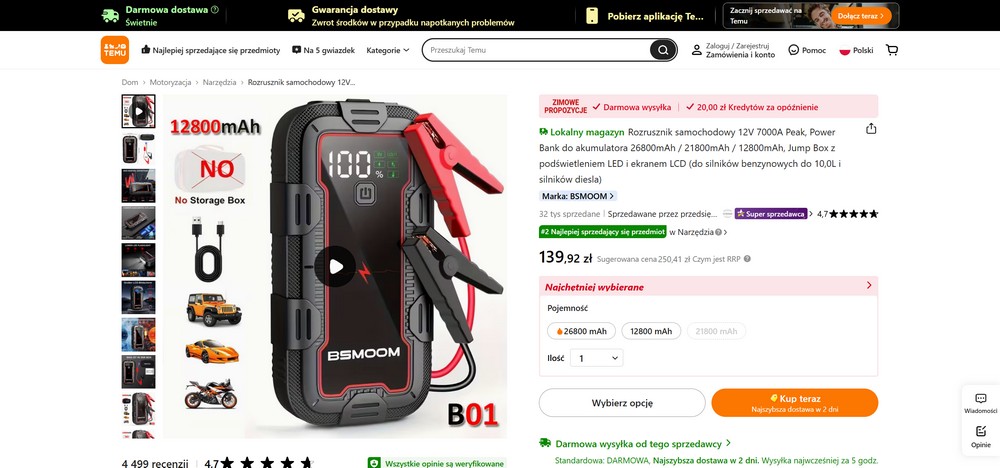 Strona produktu Temu