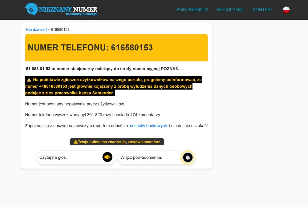 Weryfikacja numeru 616580153 na stronie nieznany-numer.pl – ostrzeżenie o próbie wyłudzenia
