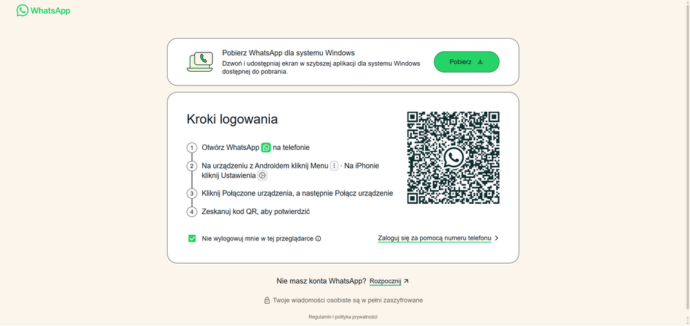 WhatsApp Web – ekran logowania z kodem QR do połączenia telefonu z komputerem