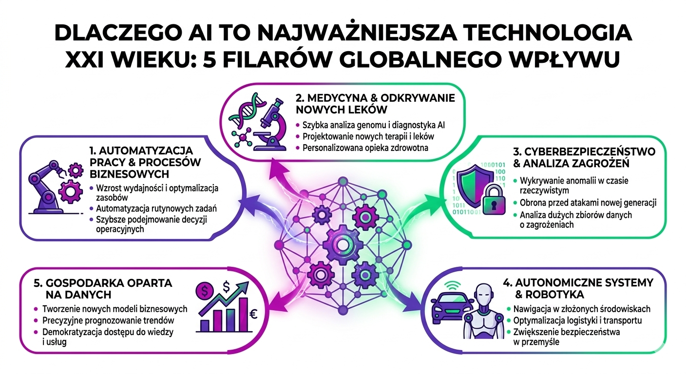 Schemat pokazujący 5 obszarów, w których sztuczna inteligencja (AI) zmienia świat: automatyzacja pracy, odkrywanie nowych leków, cyberbezpieczeństwo, systemy autonomiczne oraz gospodarka oparta na danych