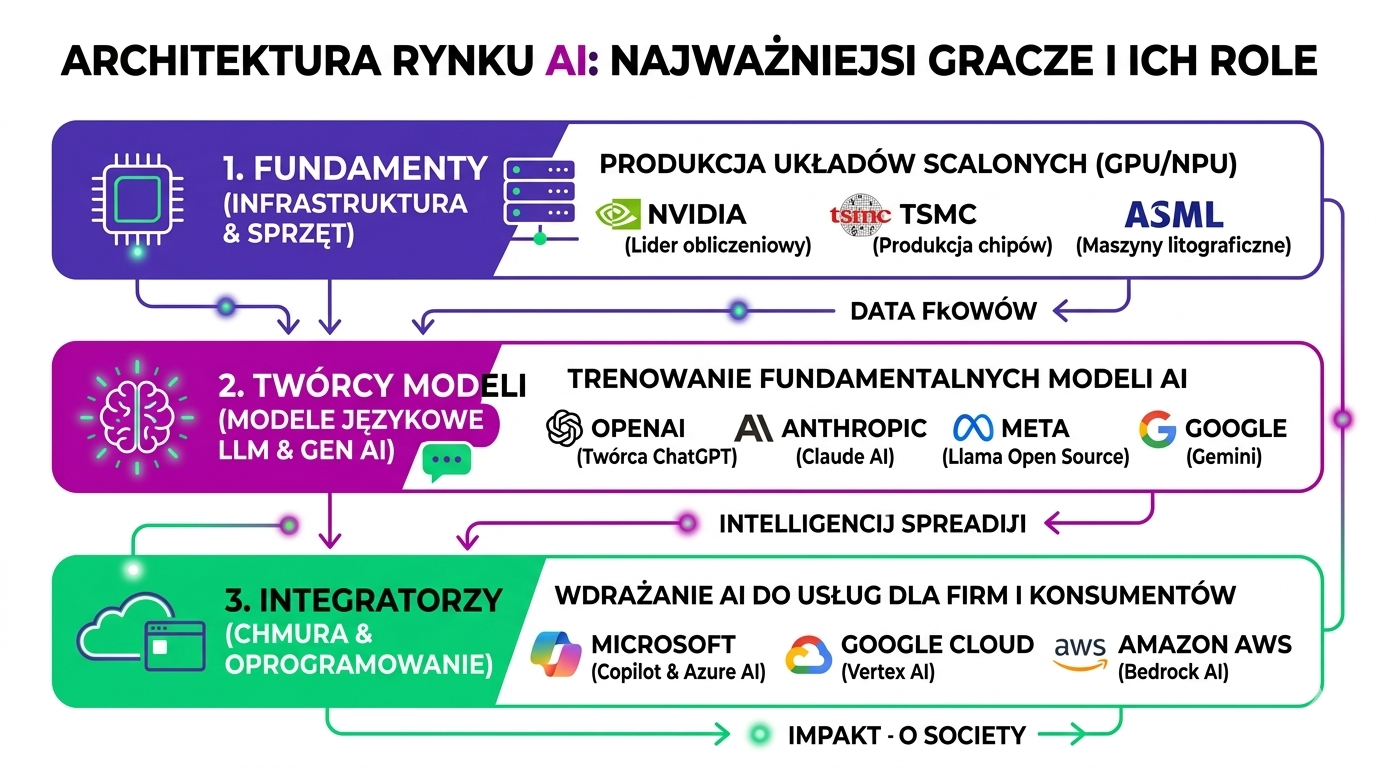 Infografika pokazująca architekturę rynku AI i najważniejszych graczy: producenci chipów (NVIDIA, TSMC, ASML), twórcy modeli AI (OpenAI, Google, Meta, Anthropic) oraz integratorzy chmury (Microsoft, Google Cloud, AWS)