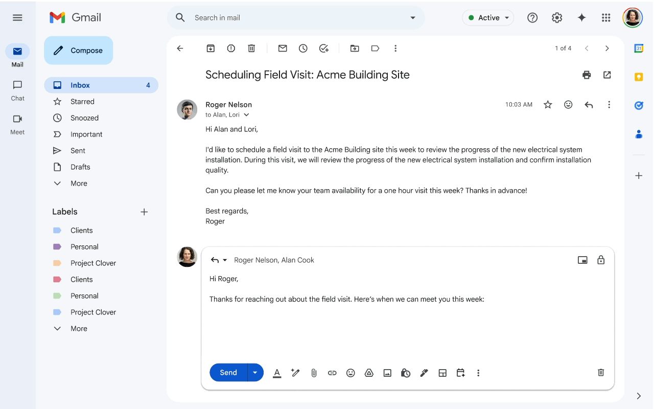 Interfejs Gmail z funkcją Help me schedule opartą na AI Gemini do organizowania spotkań – źródło workspaceupdates.googleblog.com