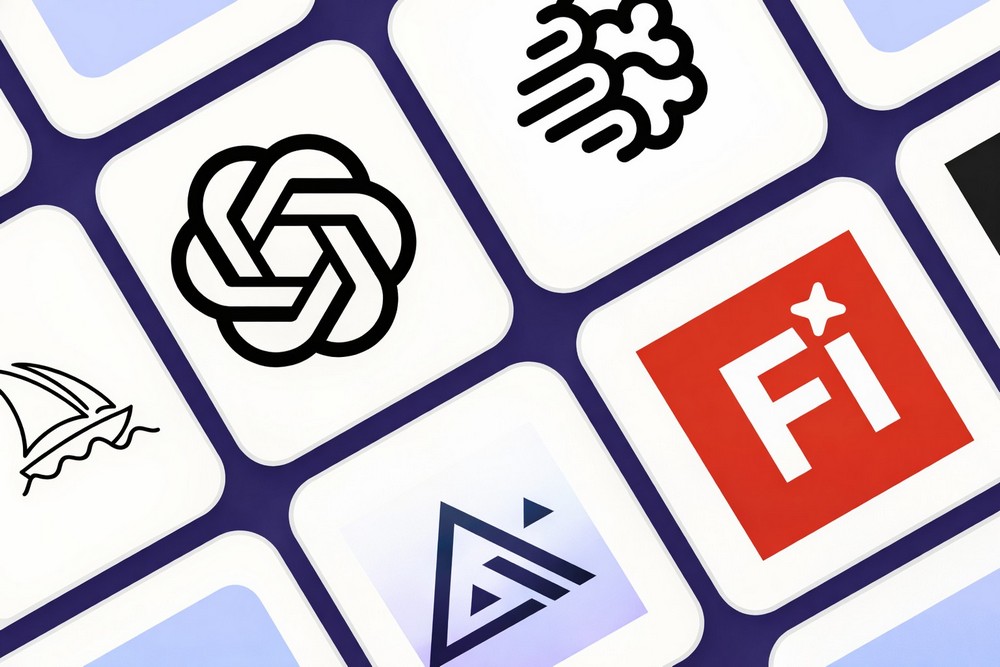 Logotypy narzędzi AI do generowania obrazów takich jak Midjourney, DALL-E, Flux i Adobe Firefly