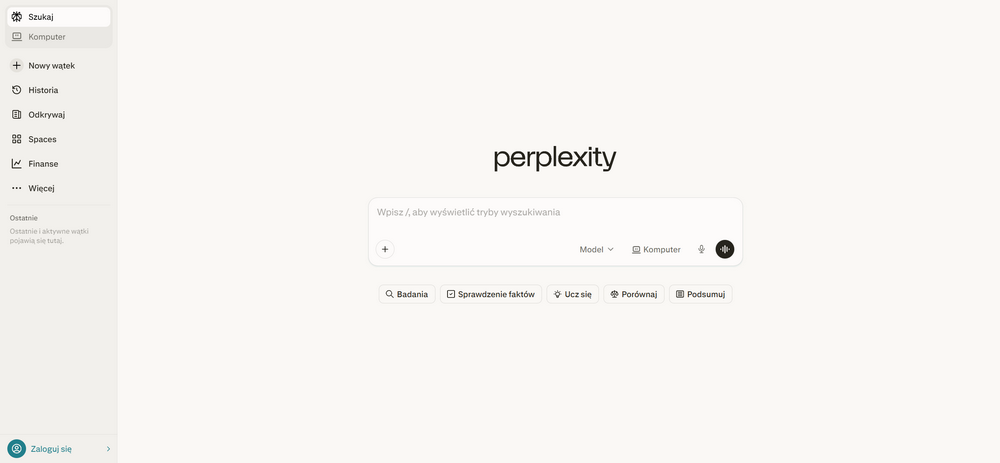 Perplexity AI – interfejs wyszukiwarki sztucznej inteligencji na stronie głównej