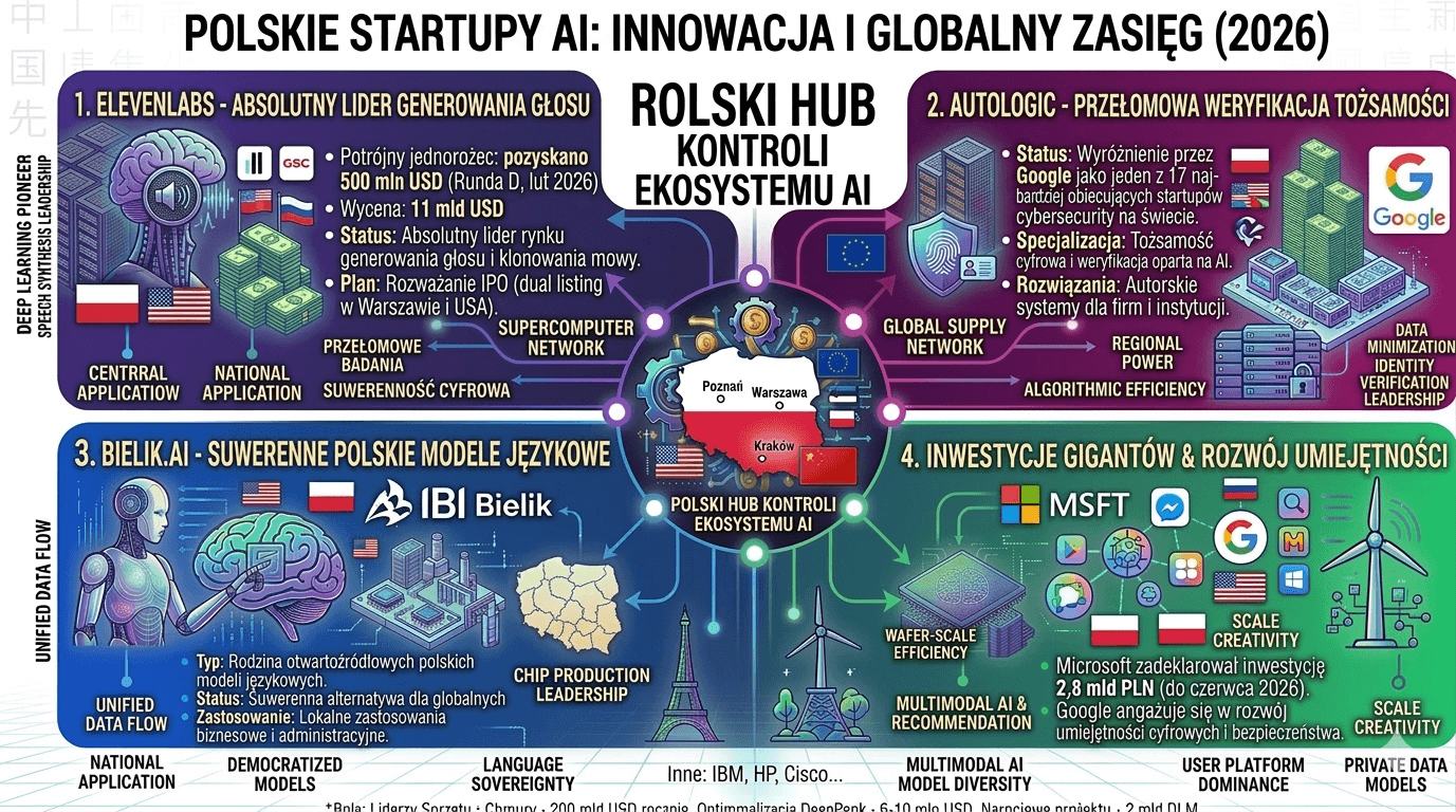 Polskie startupy AI w 2026 roku – ElevenLabs lider generowania głosu, Authologic weryfikacja tożsamości AI, Bielik.AI polskie modele językowe oraz inwestycje Microsoft i Google w Polsce