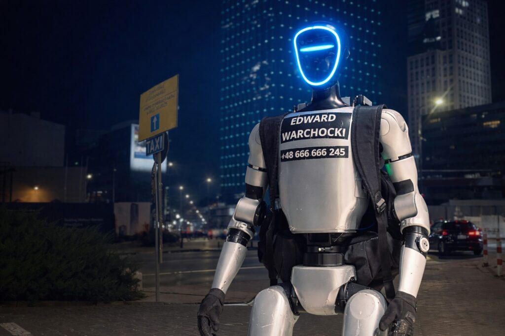 Robot Edward Warchocki podbija internet. Kim jest pierwszy polski robot influencer i jak działa? Robot Edward Warchocki humanoidalny robot influencer Unitree G1 w centrum Warszawy nocą