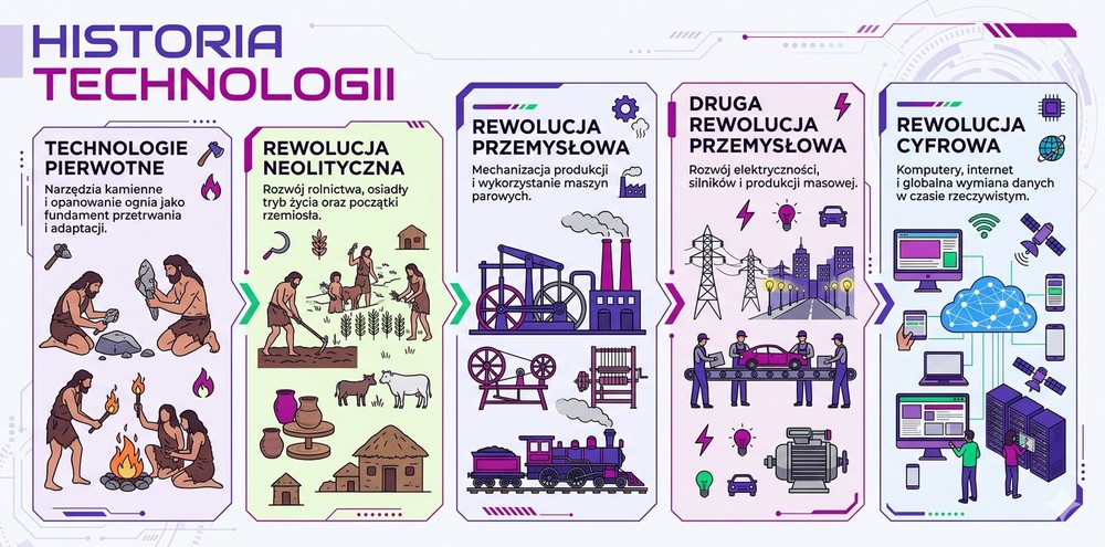 Historia technologii – rozwój technologii od epoki kamienia, rewolucji przemysłowej do ery cyfrowej i internetu