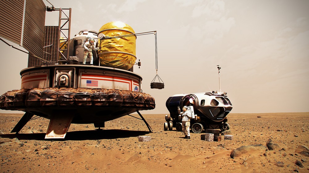 Baza kosmiczna na Marsie – astronauci rozładowują sprzęt i przygotowują habitat, wizualizacja NASA