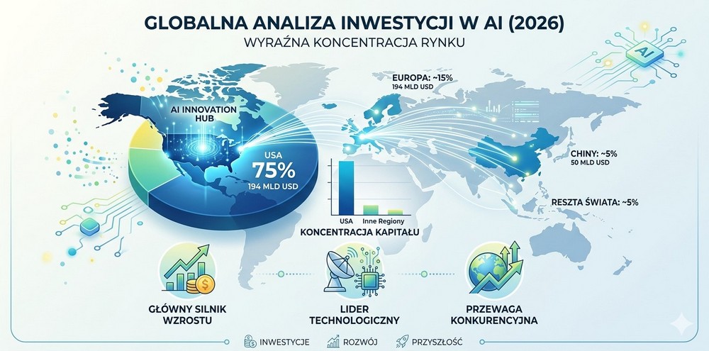 Globalne inwestycje w AI w 2026 roku – mapa świata z dominacją USA (75% i 194 mld USD) oraz udziałem Europy i Chin