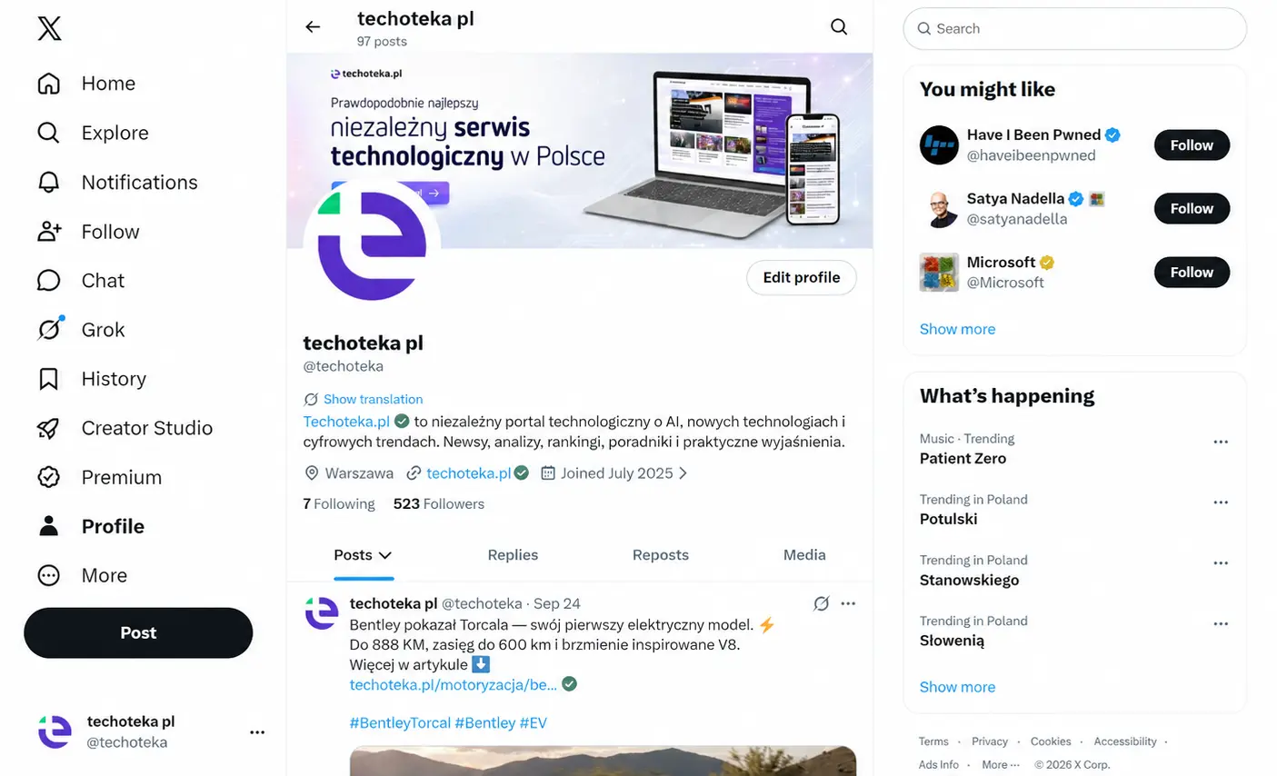 Konto na X po zalogowaniu – profil Techoteka.pl, menu, posty, wyszukiwarka i trendy na platformie X