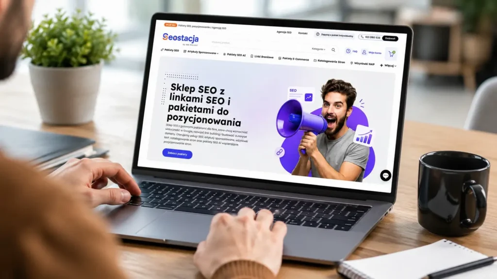 Osoba przeglądająca sklep SEO Seostacja.pl z pakietami SEO na laptopie
