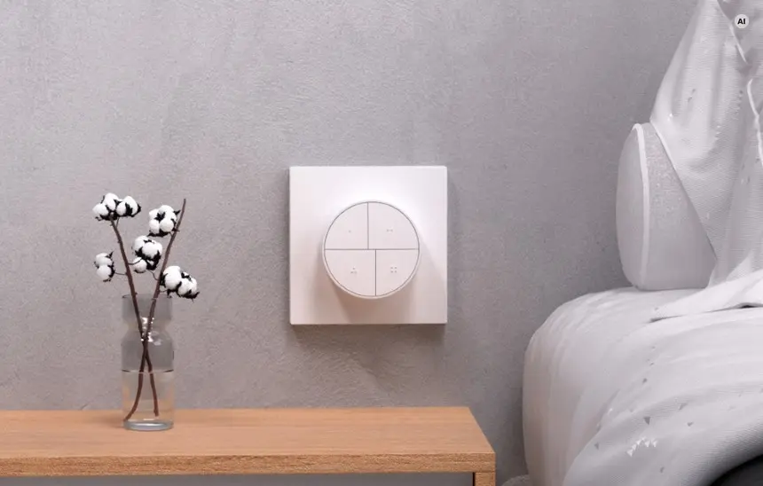 Bezprzewodowy przycisk Zigbee SONOFF SNZB-01M zamontowany na ścianie obok łóżka