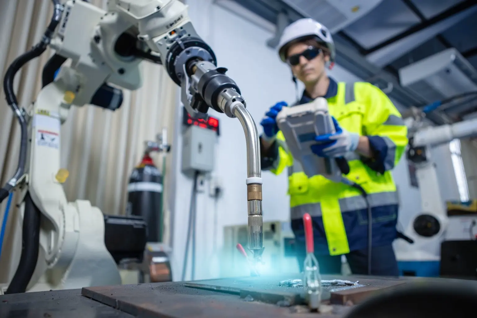 Cobot do spawania – robot współpracujący podczas automatycznego spawania w zakładzie przemysłowym