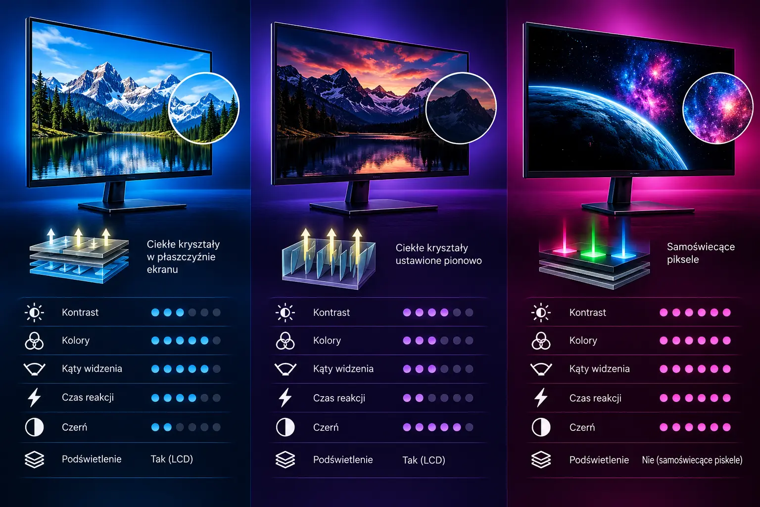 IPS vs VA vs OLED – infografika porównująca kontrast, kolory, kąty widzenia, czas reakcji i czerń