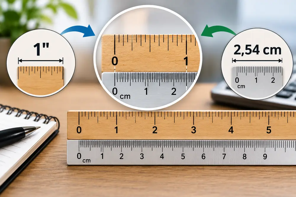 1 cal to 2,54 cm – porównanie cala i centymetra na linijce