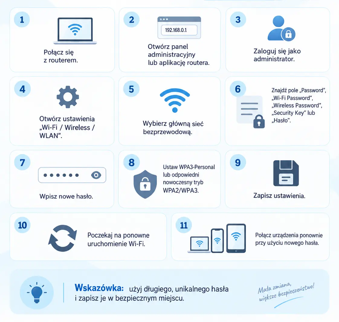 Jak zmienić hasło do Wi-Fi – infografika z instrukcją krok po kroku. Źródło: opracowanie własne.