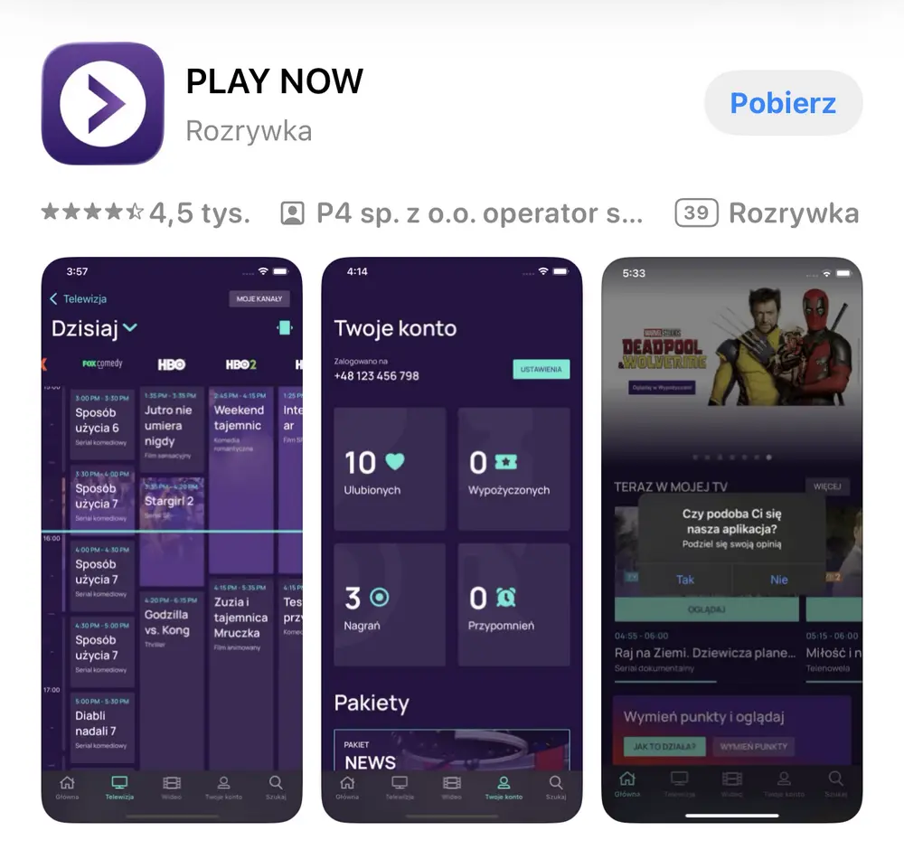 Play Now – aplikacja mobilna z programem TV, kontem użytkownika i ofertą filmów online