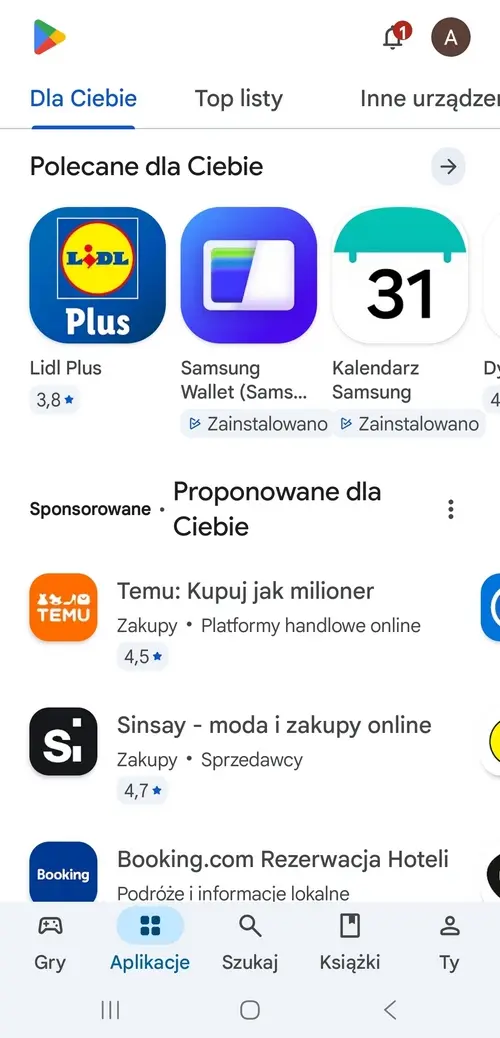 Sklep Google Play na Androidzie z polecanymi aplikacjami i sekcją „Dla Ciebie”