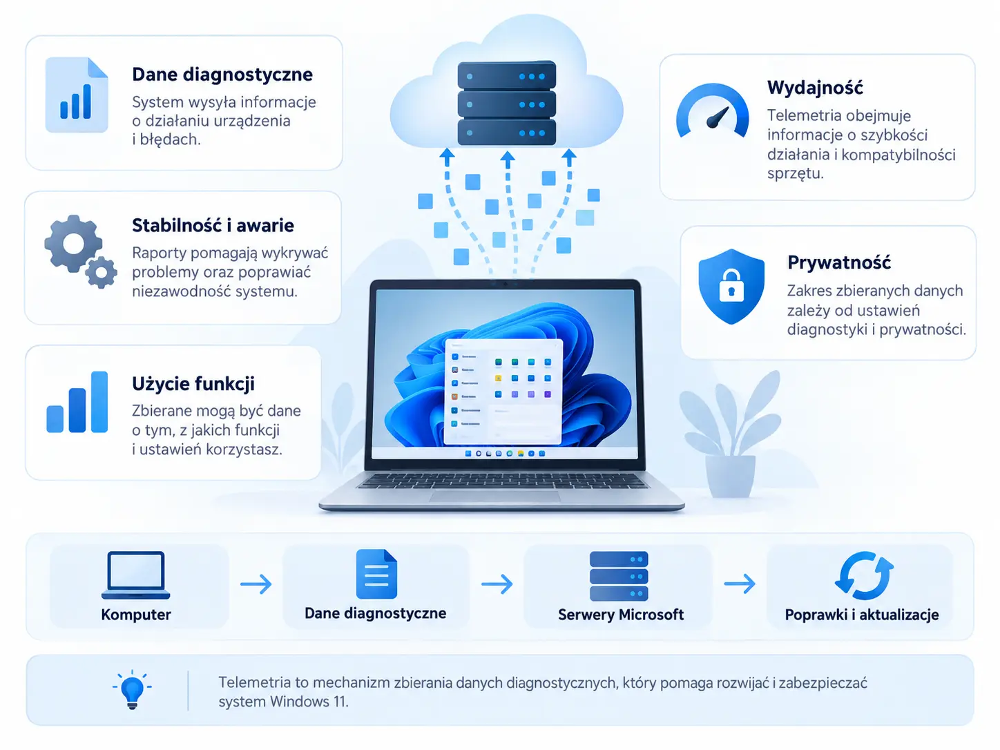 Telemetria w Windows 11 – infografika pokazująca dane diagnostyczne, serwery Microsoft i ustawienia prywatności