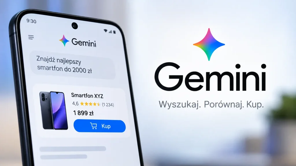 Gemini zaczyna robić zakupy. Google testuje przycisk „Kup” bezpośrednio w AI Zakupy w Google Gemini – smartfon z przyciskiem „Kup” i rekomendacją produktu w AI
