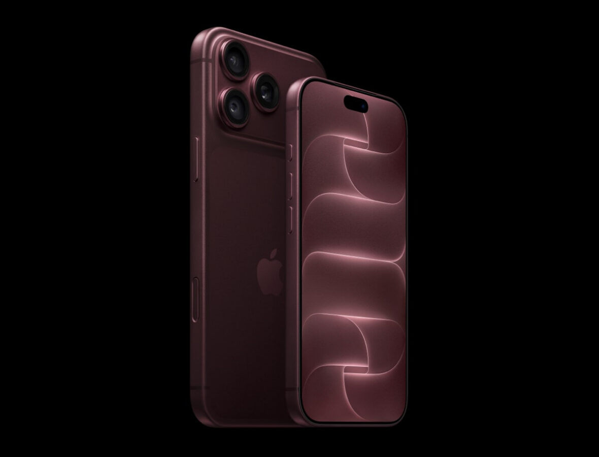 iPhone 18 Pro Max w kolorze burgundowym – przód i tył smartfona z potrójnym aparatem