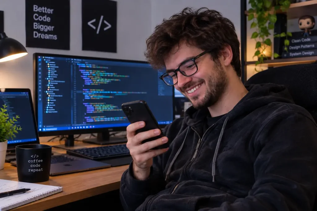 Programista korzystający ze smartfona przy stanowisku komputerowym